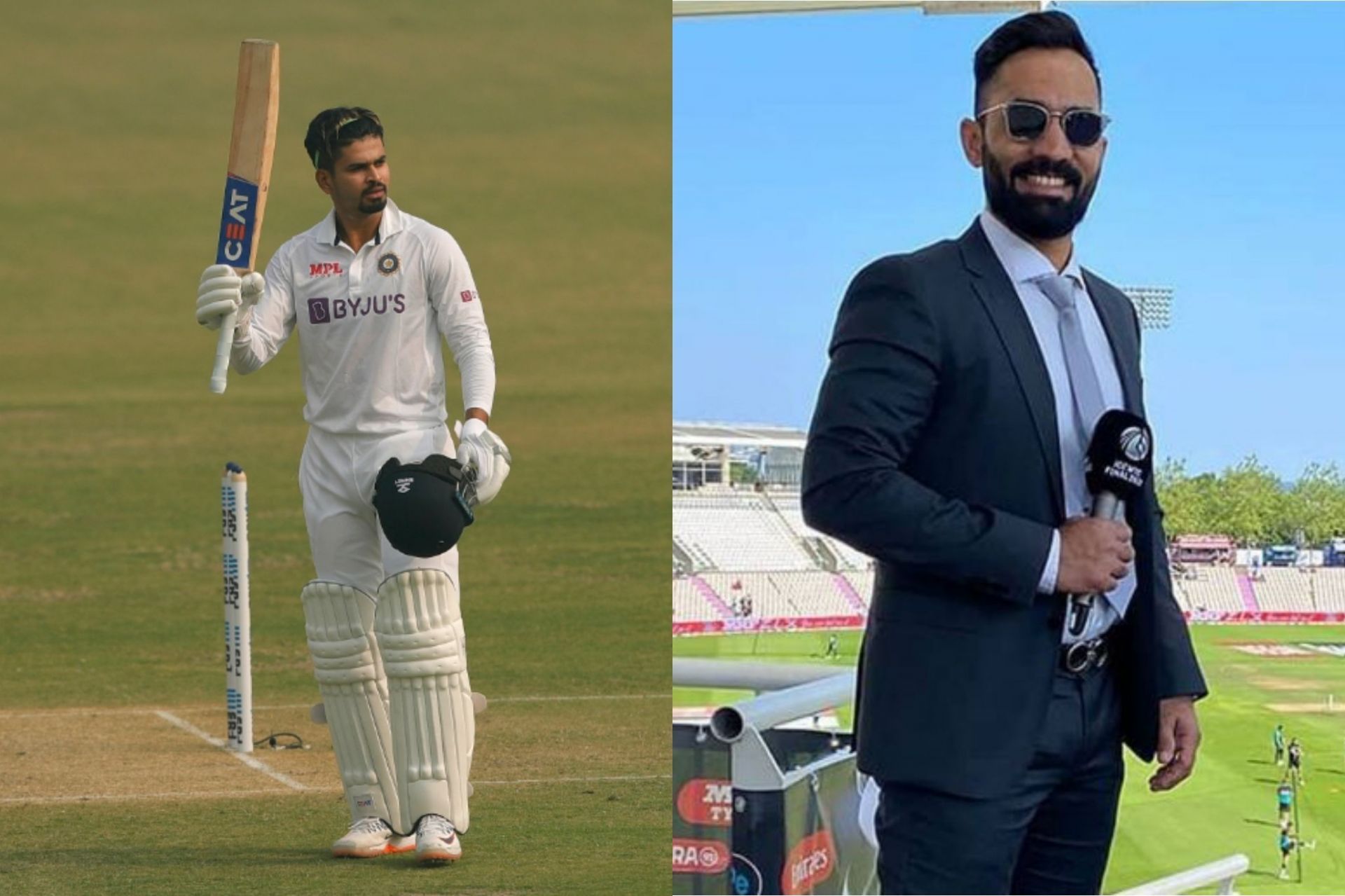 Dinesh Karthik (L) lauds Shreyas Iyer (R) following latter&#039;s debut Test hundred against New Zealand