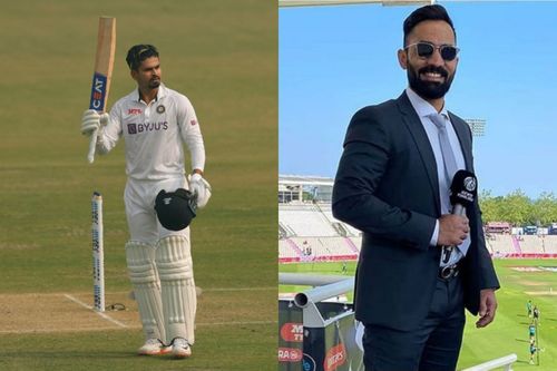 Dinesh Karthik (L) lauds Shreyas Iyer (R) following latter's debut Test hundred against New Zealand