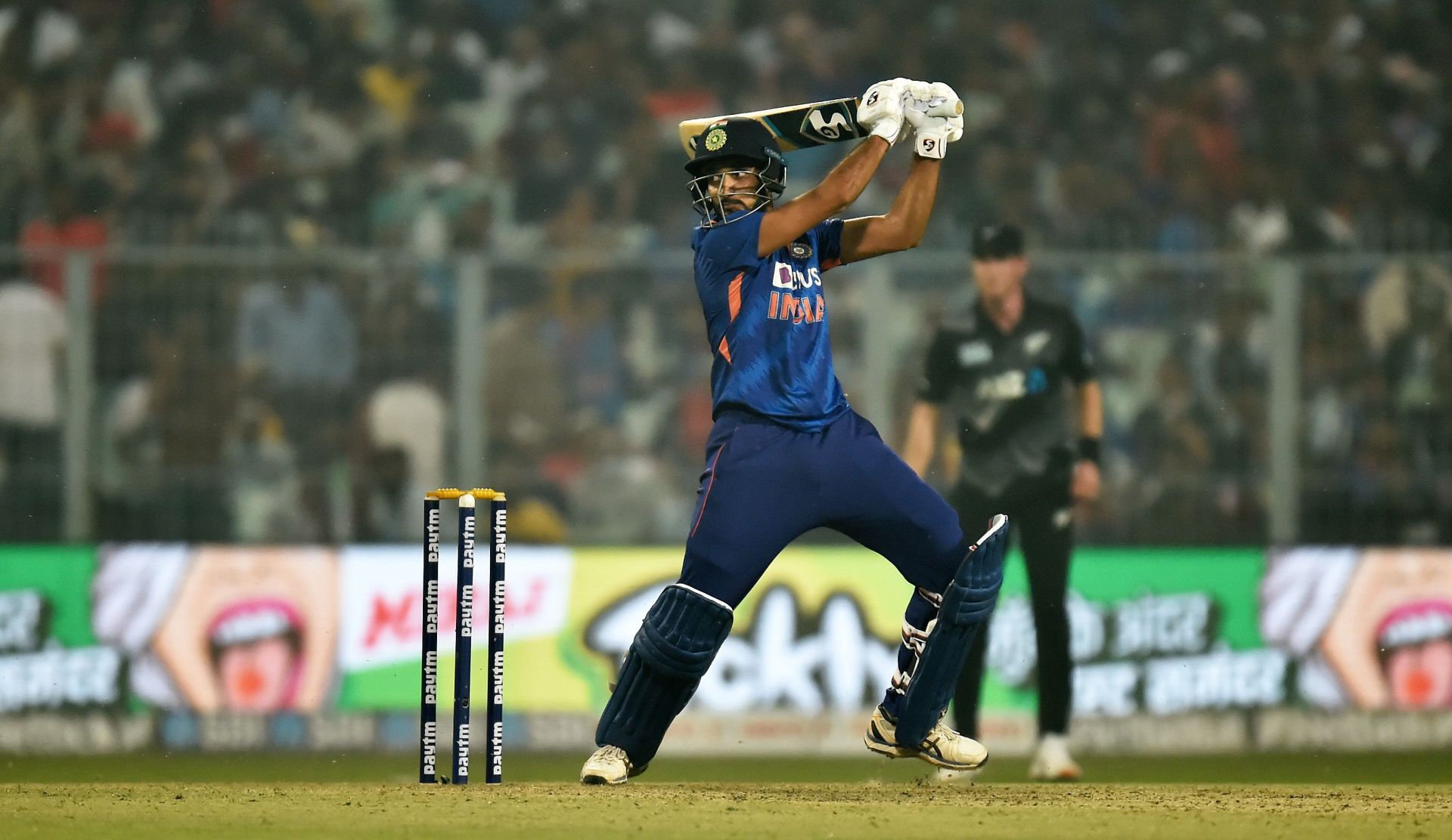 Harshal Patel plays a shot during the third T20I against New Zealand. Pic: Getty Images
