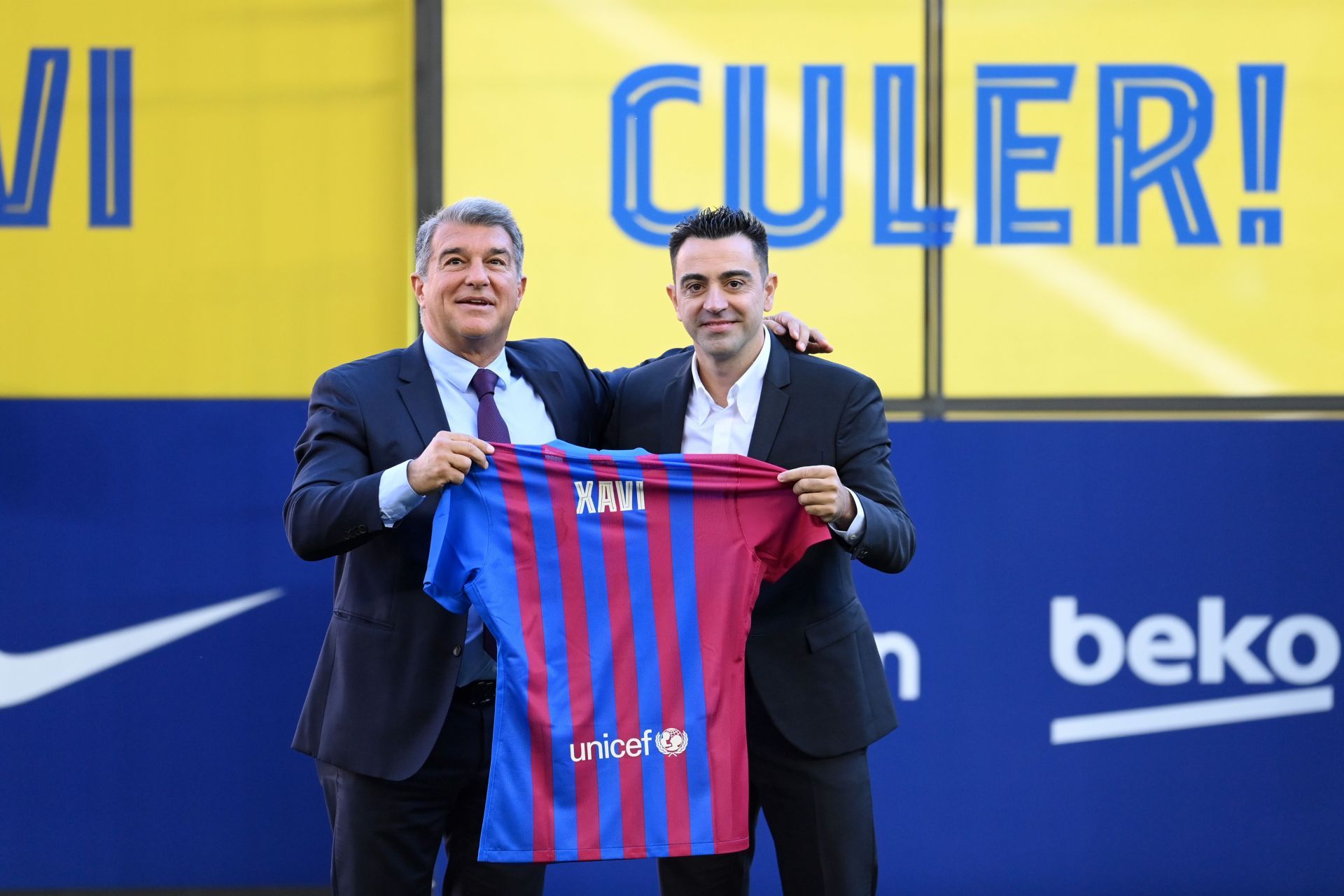 FC Barcelona manager Xavi with Joan Laporta
