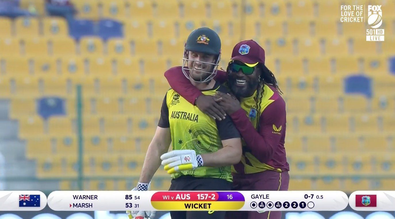 Chris Gayle and Mitchell Marsh. (pic: cricket.com.au Twitter)