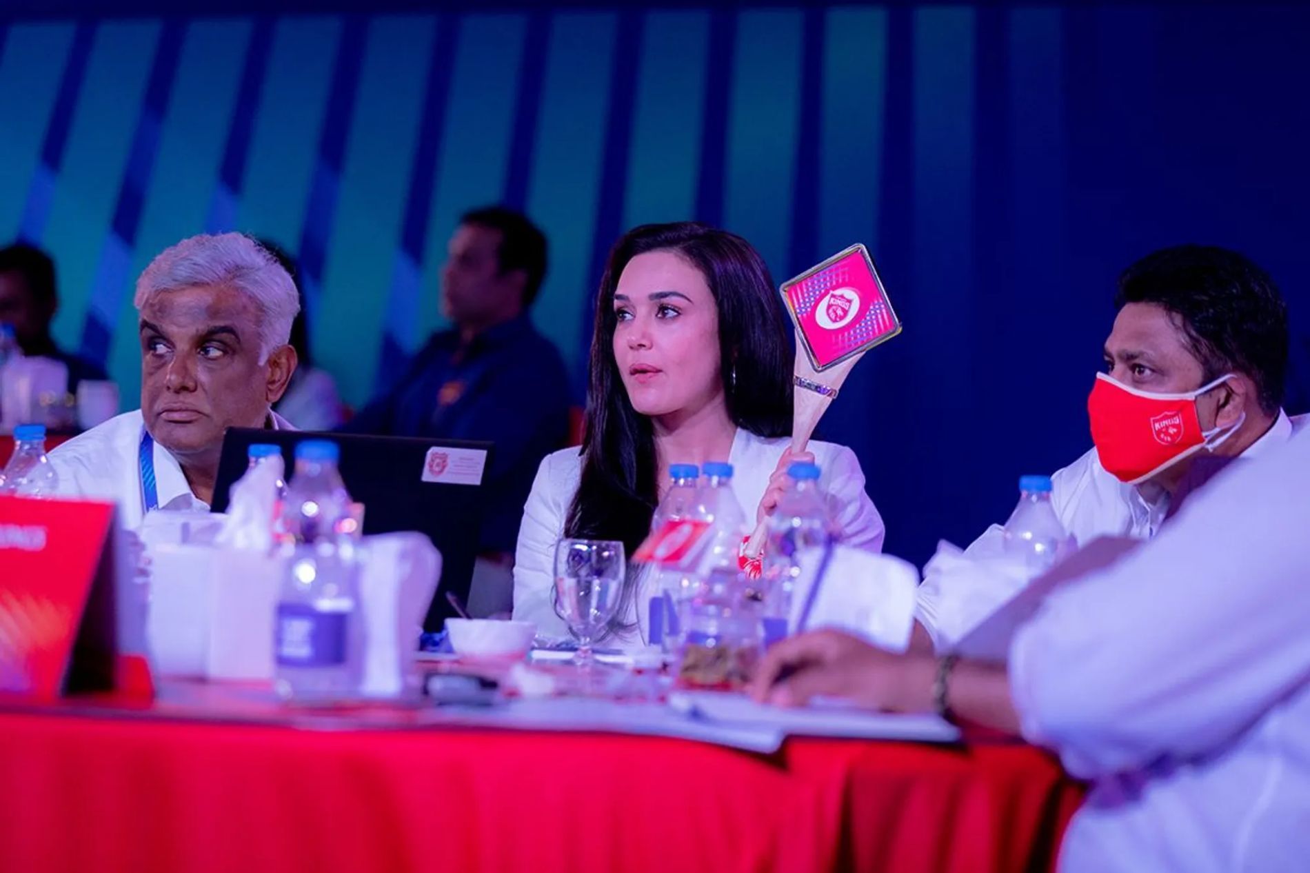 Preity Zinta (middle), co-owner of Punjab Kings (PBKS), during the IPL 2021 auction. Pic: IPLT20.COM