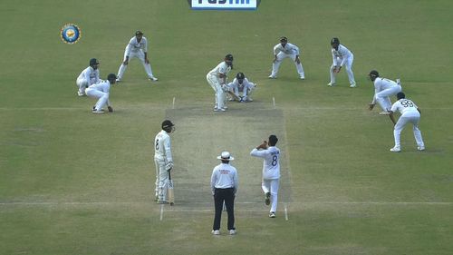 Ravindra Jadeja bowling to New Zealand's Ajaz Patel in the dying moments of the Kanpur Test. Pic: BCCI