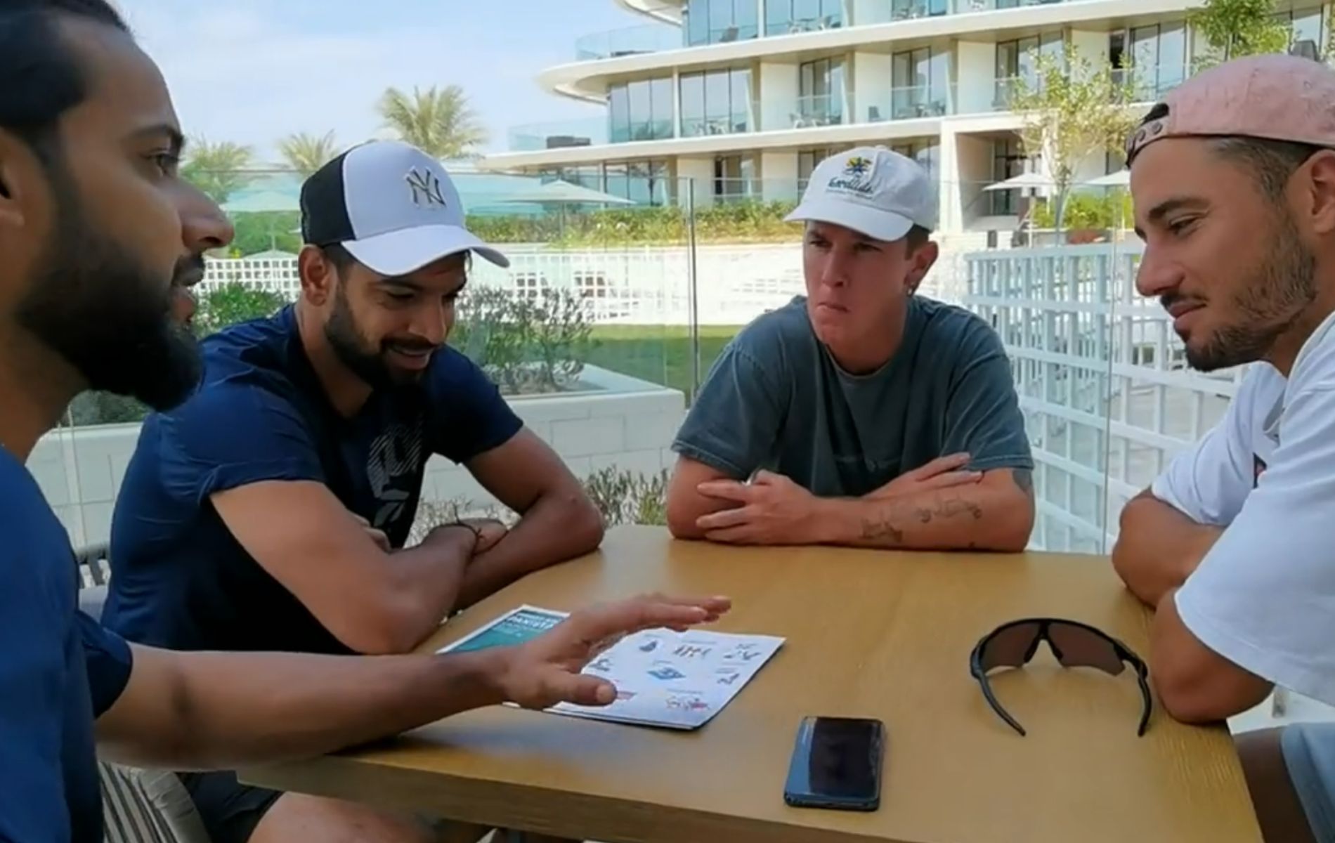 Imad Wasim, Haris Rauf, Adam Zampa and Marcus Stoinis have a chat ahead of their semi-final clash. (PC: PCB)