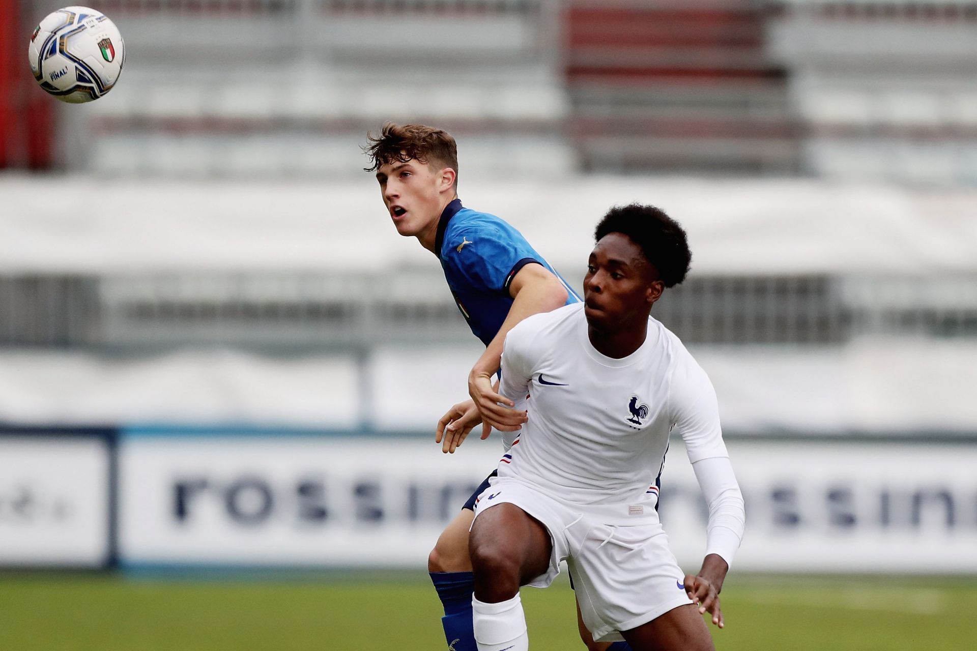 Mathys Tel (white) in action for France U18s