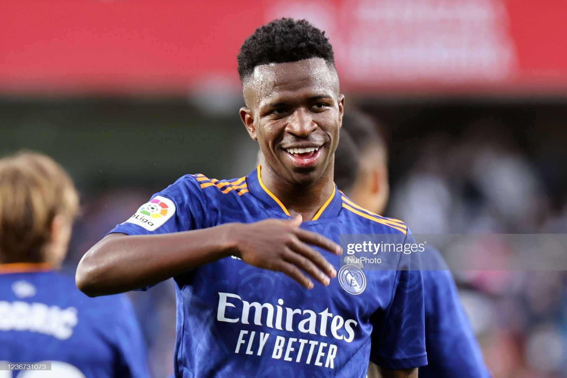 Vinicius Jr. celebrates after scoring against Granada in La Liga Santander.