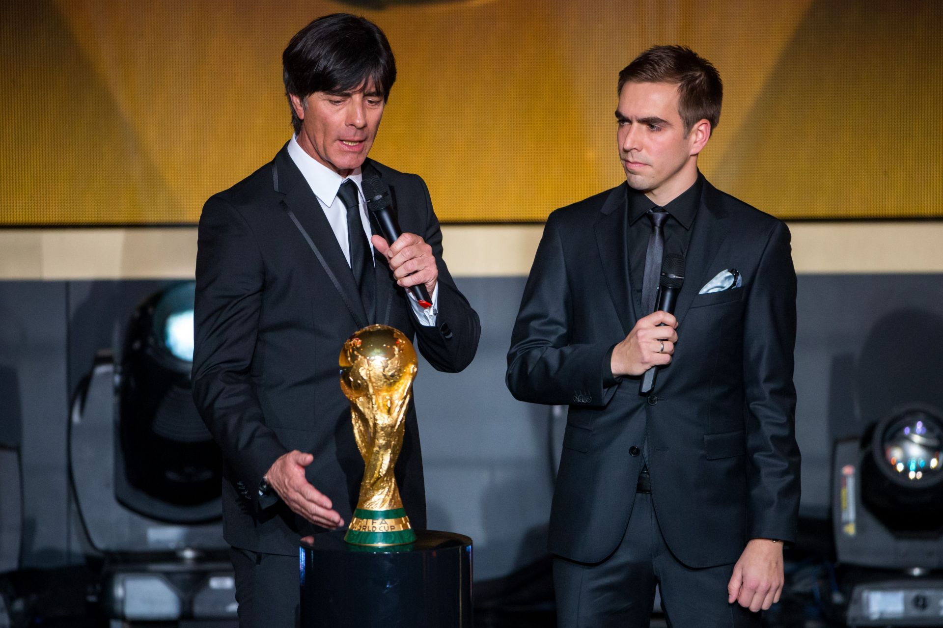 Germany coach Joachim Low (left) and star player Philipp Lahm (right) at the 2014 Ballon d&#039;Or ceremony.