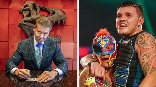 WWE Chairman Vince McMahon (left); Rey and Dominik Mysterio