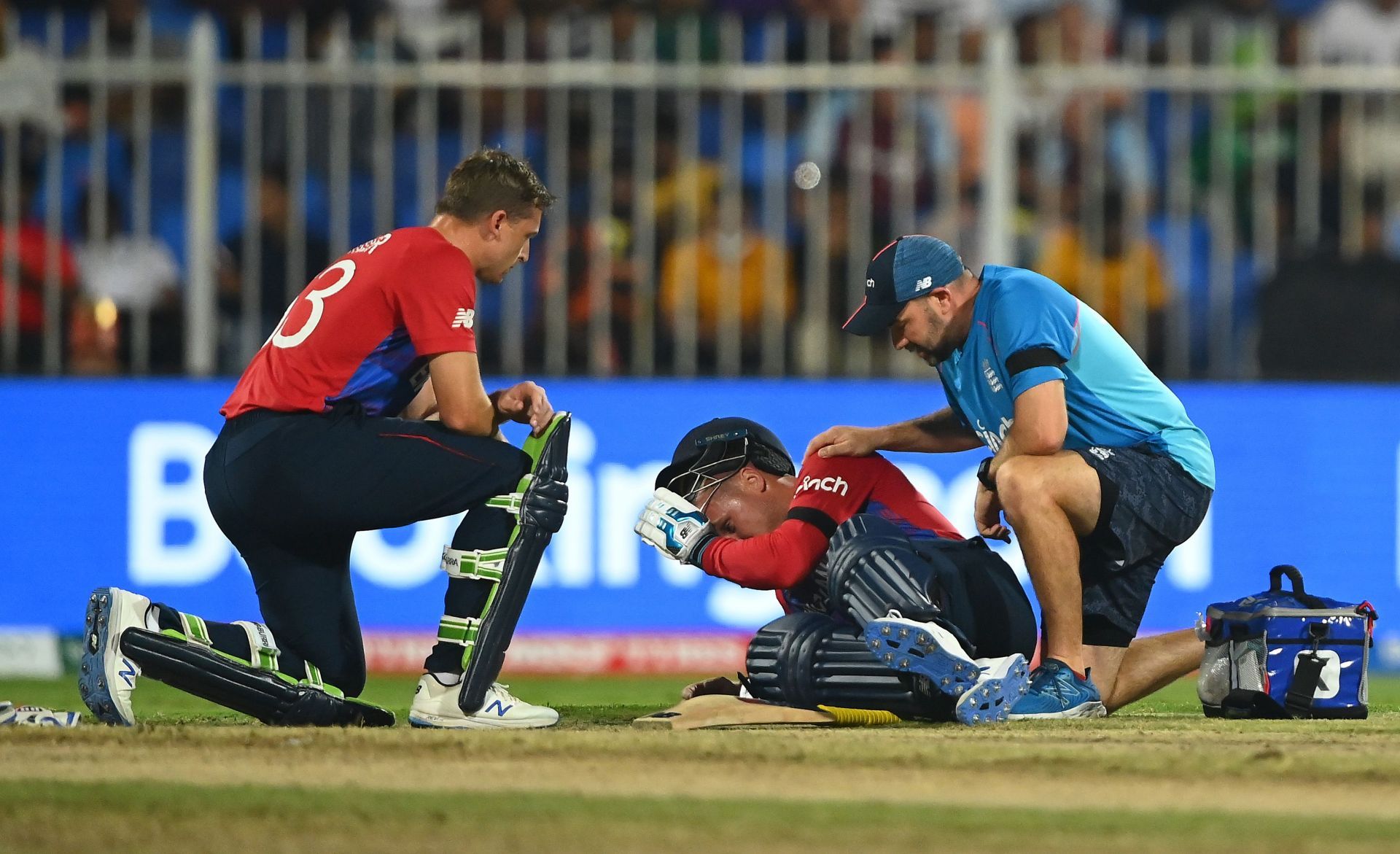 Jason Roy receives medical attention during the match between England and South Africa. Pic: Getty Images