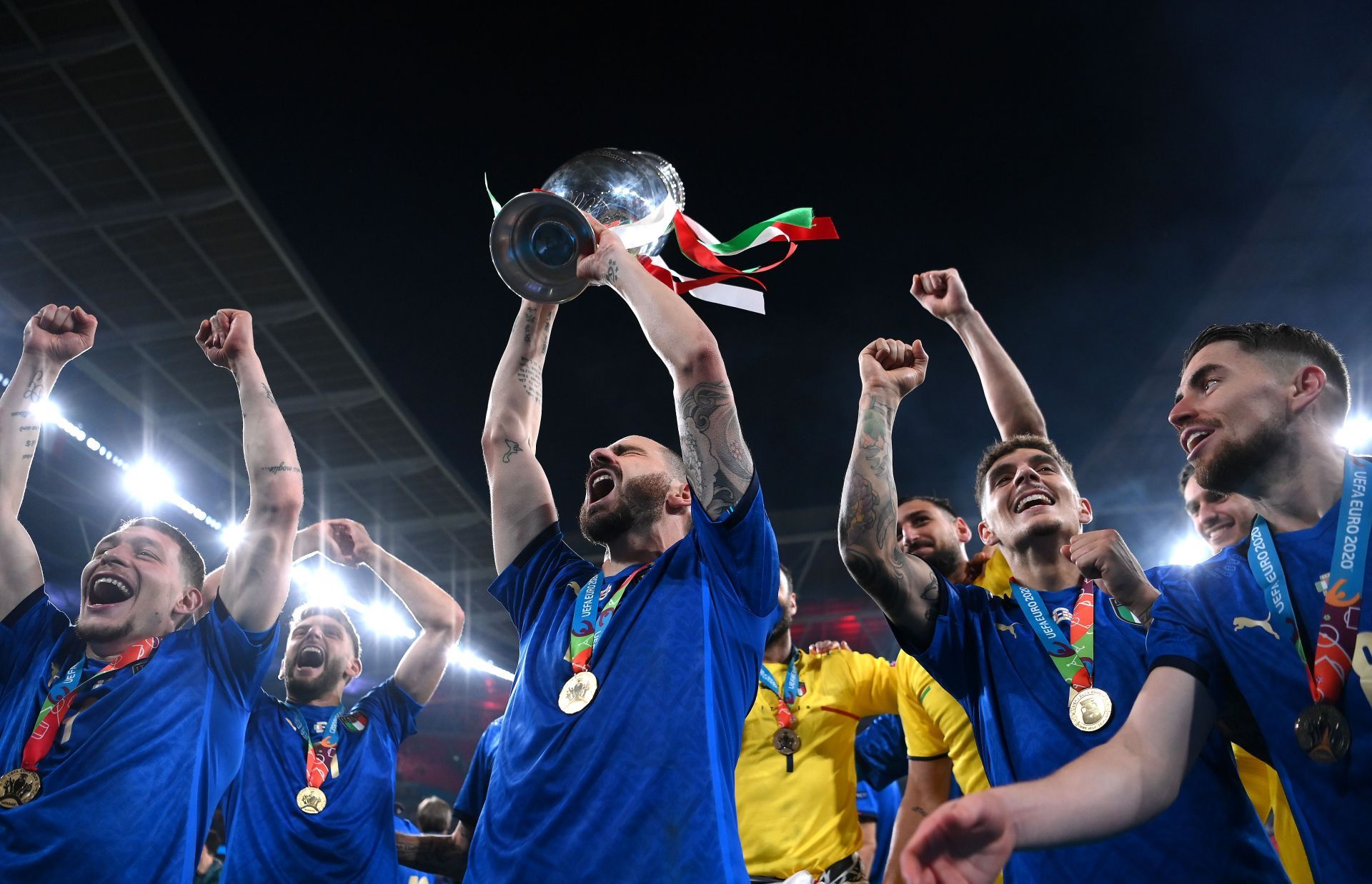 Italy's Leonardo Bonucci celebrates their Euro 2020 triumph,