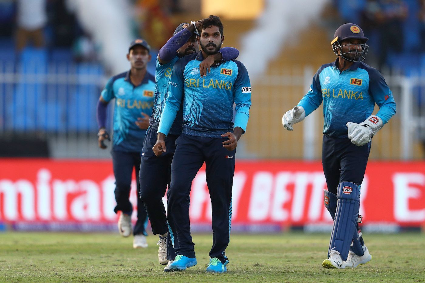 Wanindu Hasaranga celebrates his hat-trick against South Africa