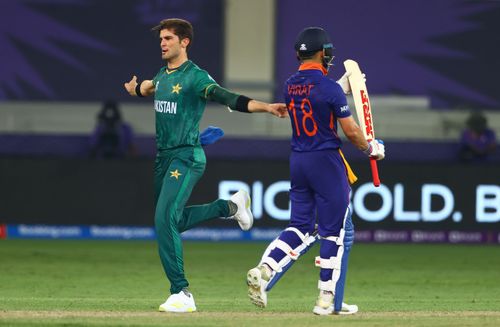 Shaheen Afridi celebrates the wicket of Virat Kohli during the T20 World Cup match. Pic: Getty Images