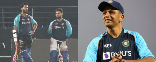 (Left) Venkatesh Iyer with Rishabh Pant; (Right) Rahul Dravid. Pics: BCCI