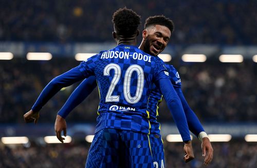 Chelsea winger Callum Hudson-Odoi celebrates with Reece James after scoring his side's third goal.