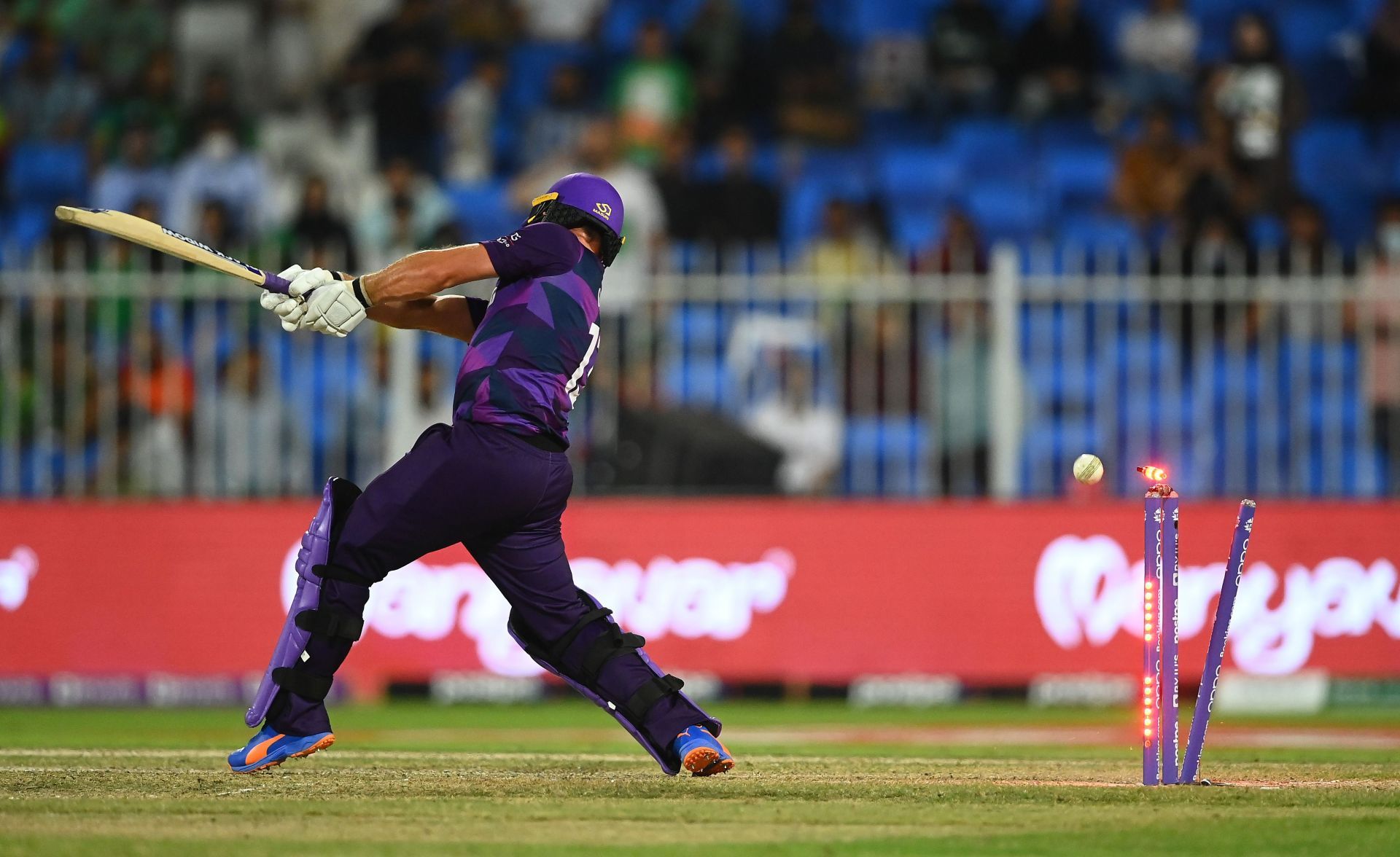 Chris Greaves of Scotland is bowled by Haris Rauf. Pic: Getty Images