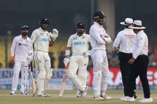 Rachin Ravindra and Ajaz Patel during the closing moments of the Kanpur Test. Pic: BlackCaps/ Twitter