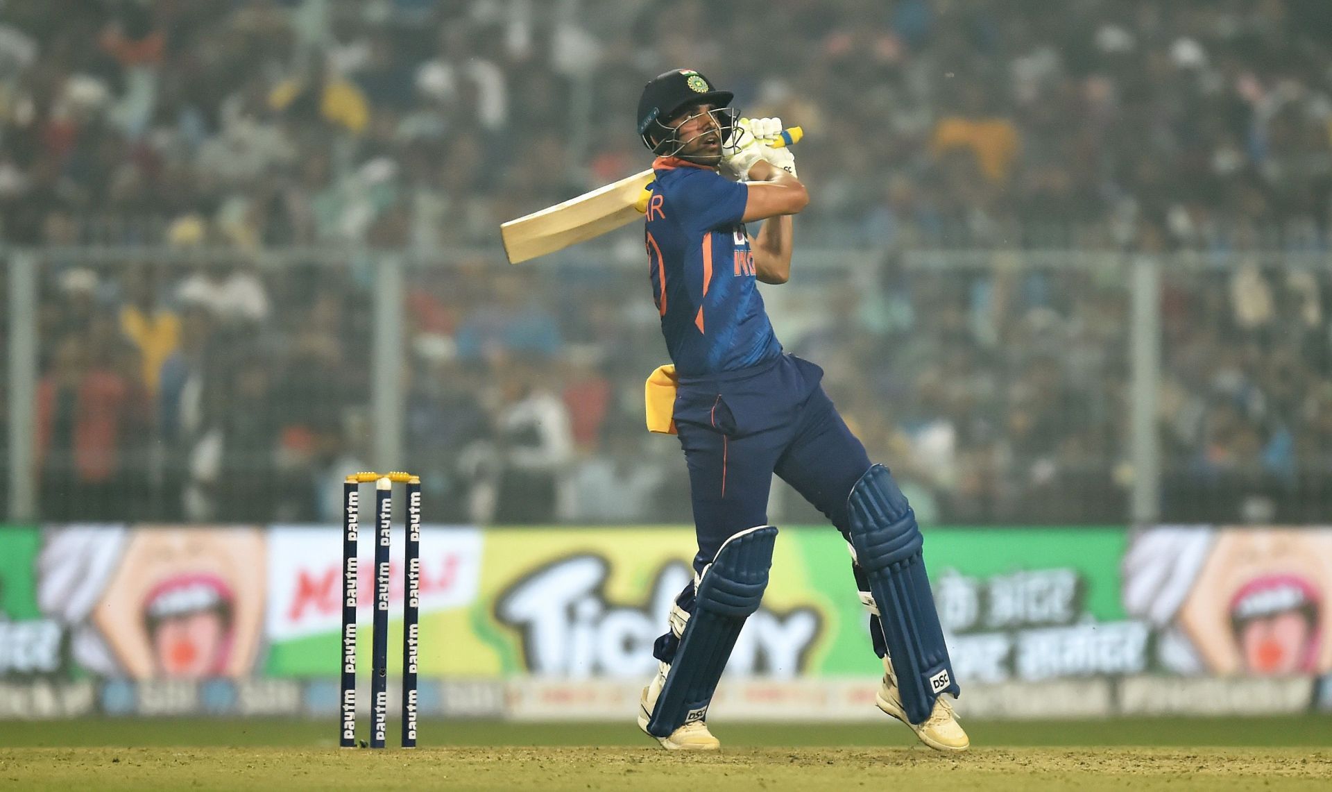 Deepak Chahar plays a shot during the third T20I. Pic: Getty Images