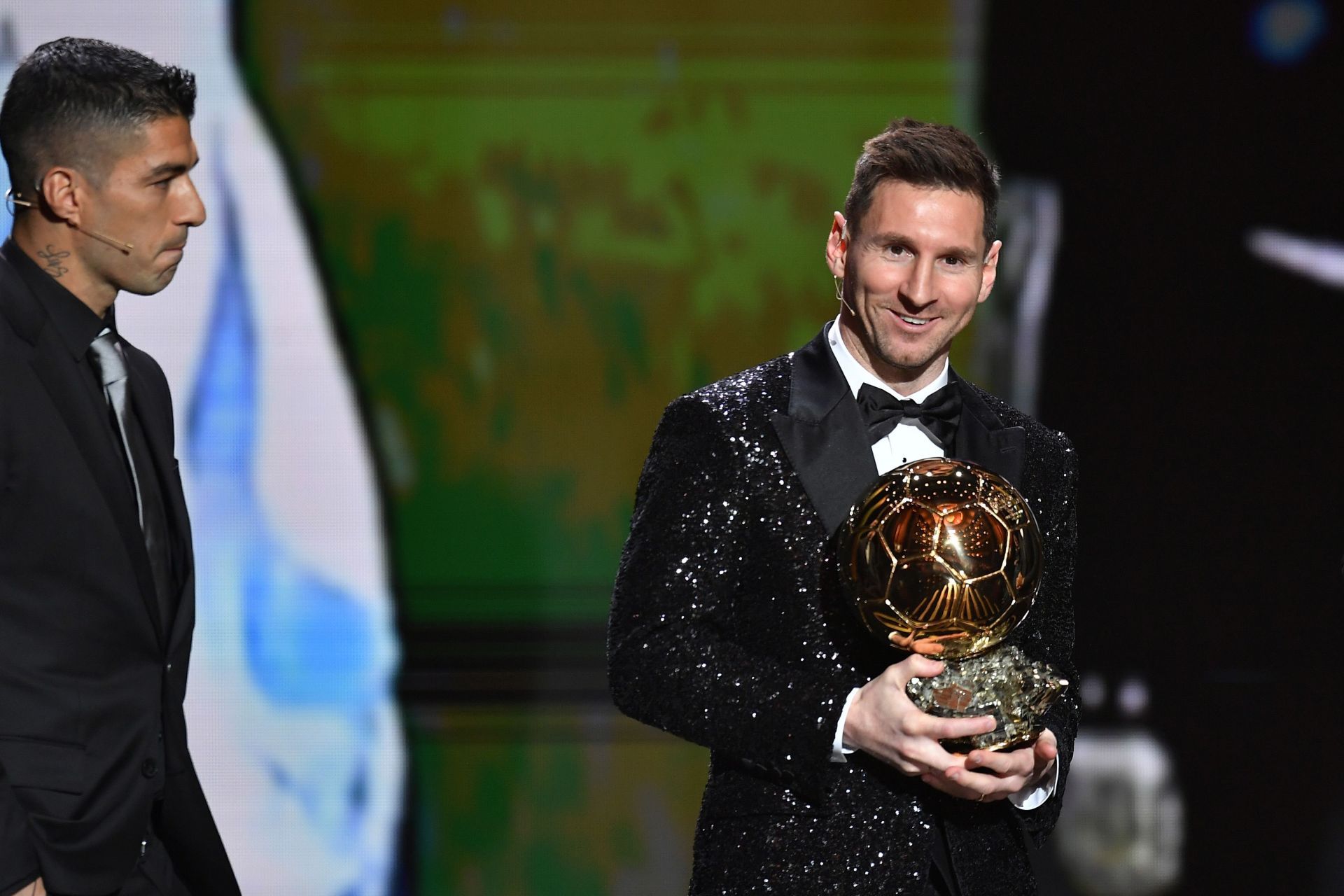 Lionel Messi holding his seventh Ballon d'Or award