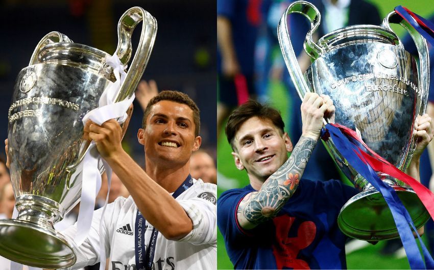 Cristiano Ronaldo and Lionel Messi with the Champions League trophy