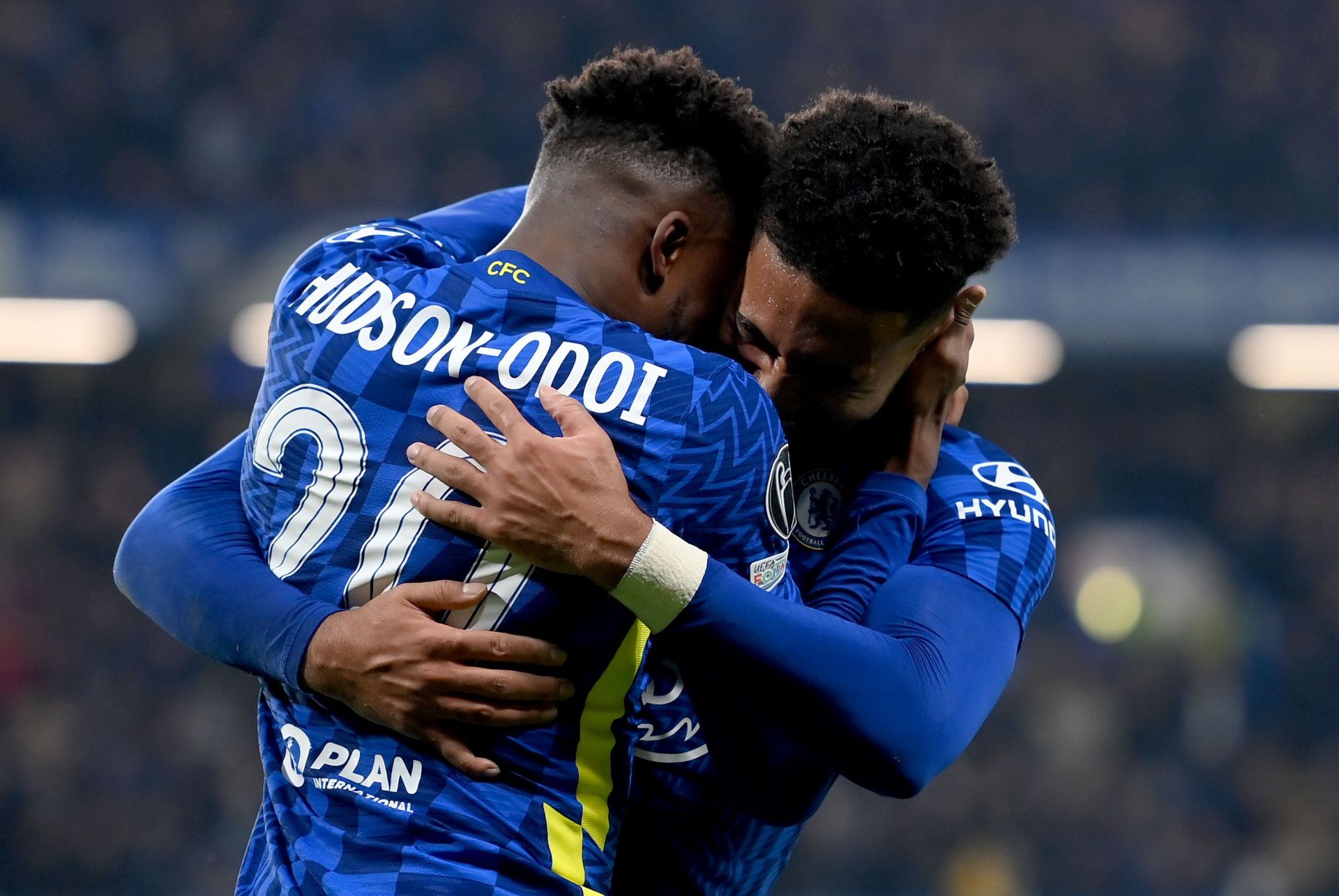 Reece James celebrates his goal with Callum Hudson-Odoi.