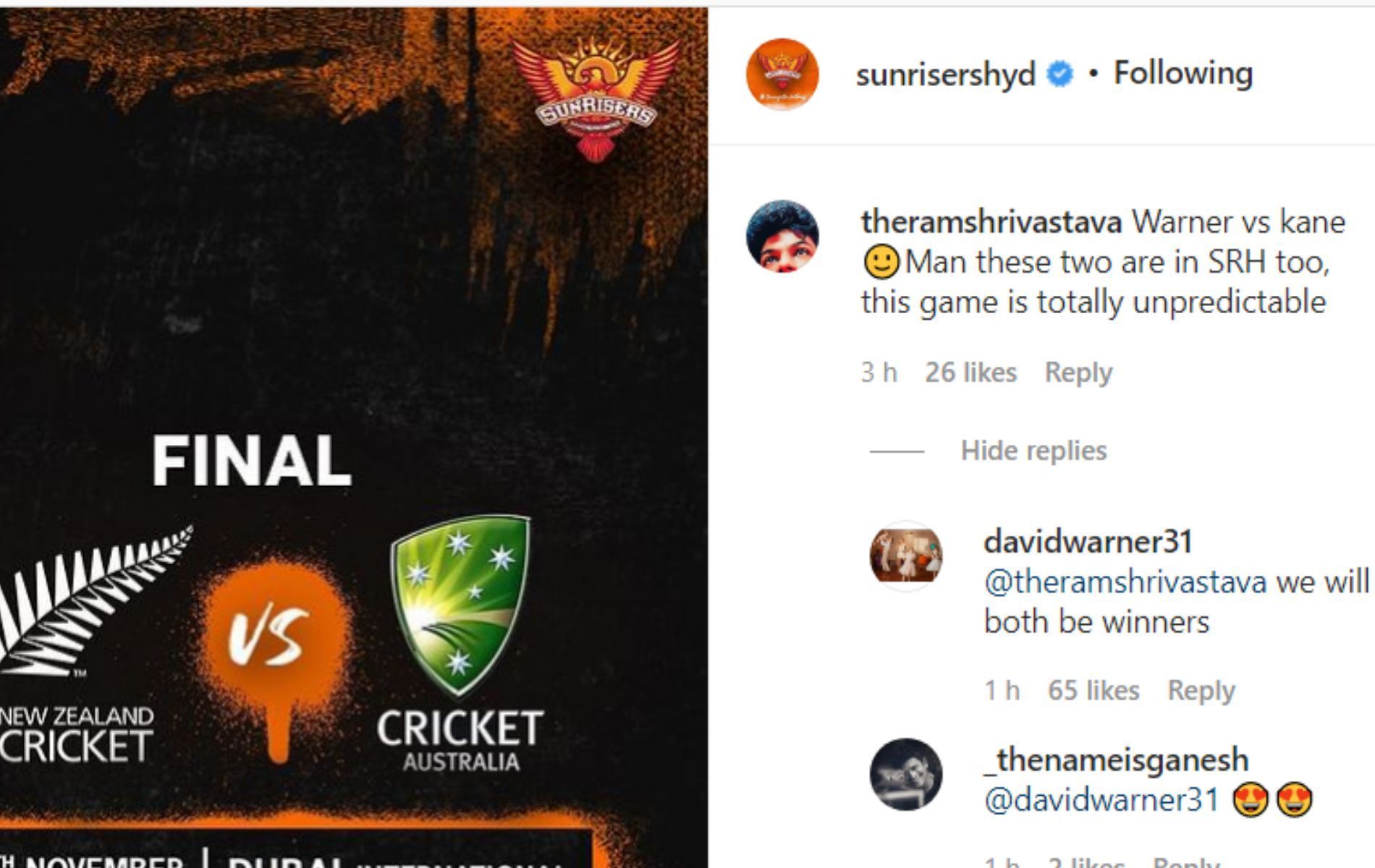 David Warner responded to a fan's comment on Instagram.