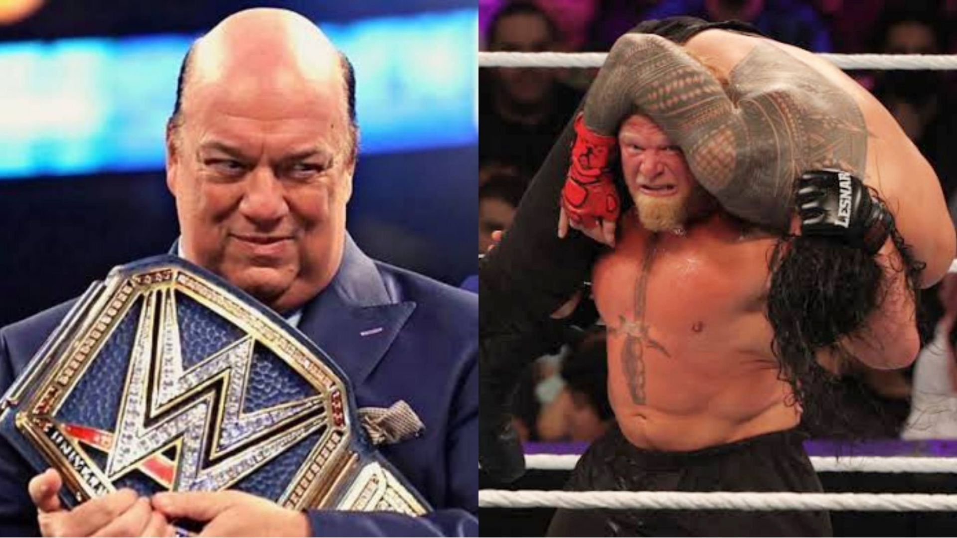 Paul Heyman (left); Brock Lesnar and Roman Reigns (right)