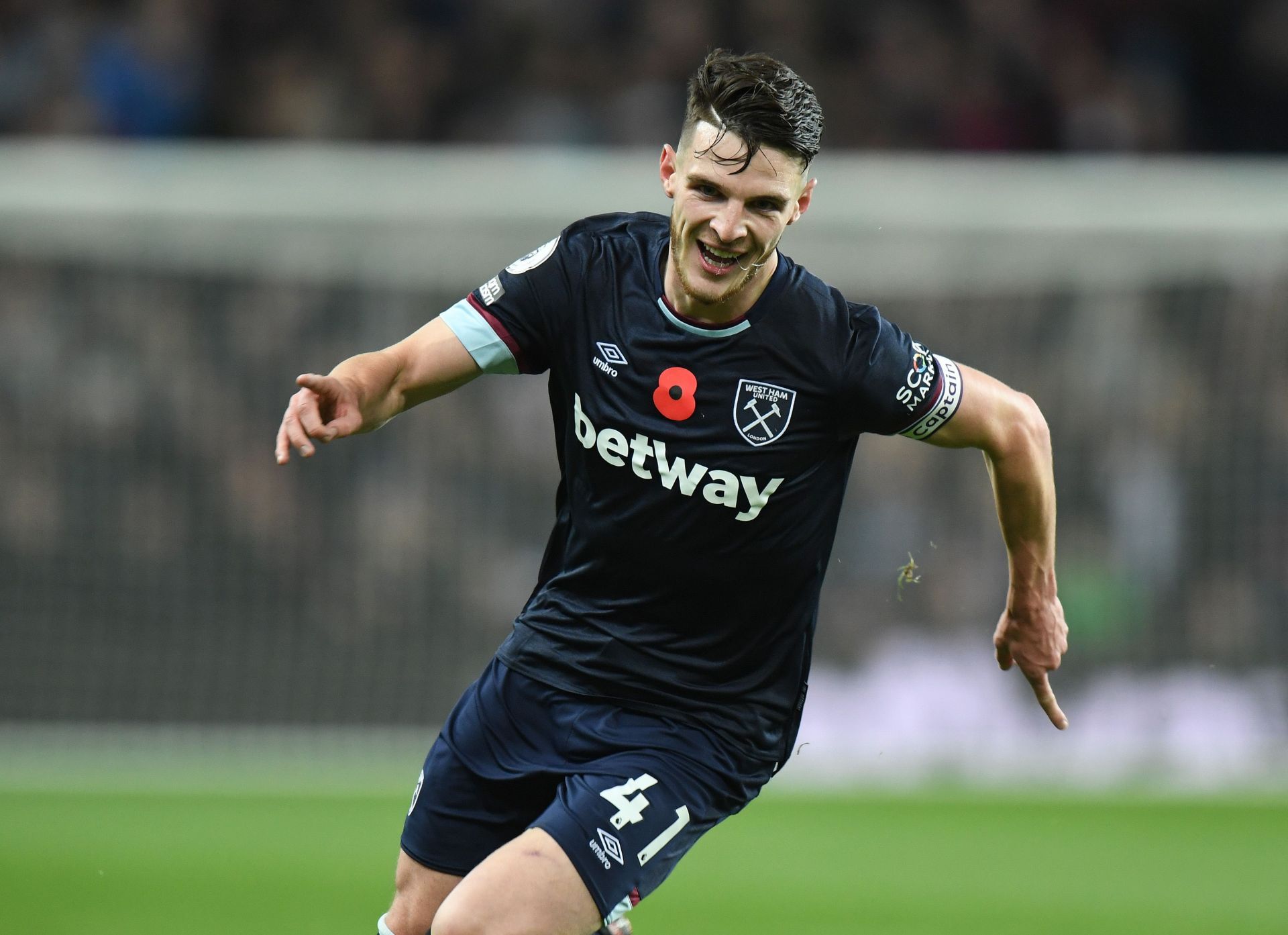 West Ham midfielder Declan Rice in action during a Premier League match.