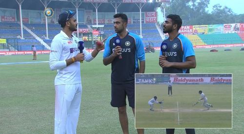 (L to R) Axar Patel, Ravichandran Ashwin, and KS Bharat; (Inset) Tom Latham’s stumping. Pic: BCCI