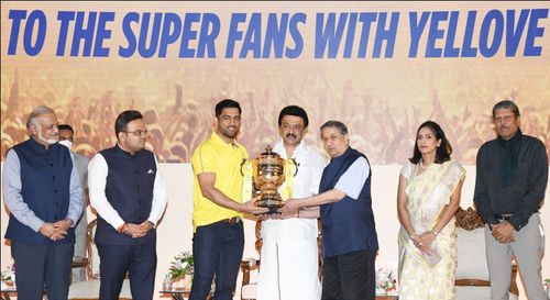 MS Dhoni along with dignitaries during the celebration ceremony of IPL win