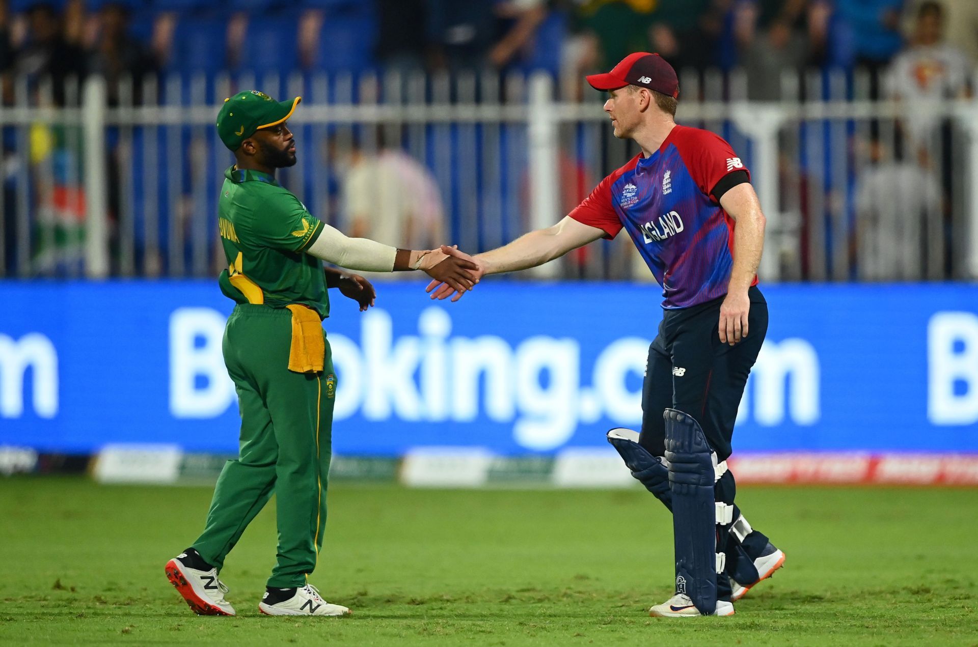 South Africa captain Temba Bavuma shakes hands with England captain Eoin Morgan. Pic: Getty Images