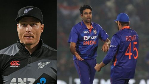 Martin Guptill (L) and Ravichandran Ashwin celebrating a wicket (R).