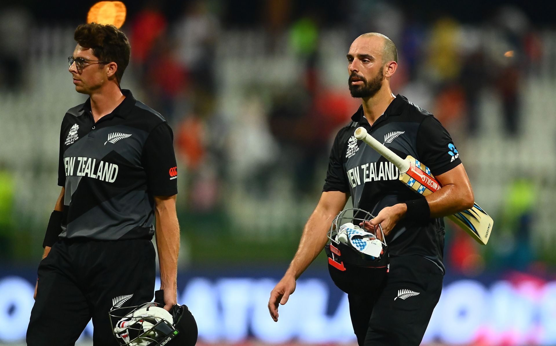 Daryl Mitchell and Mitchell Santner after New Zealand’s win over England in the first semi-final. Pic: Getty Images