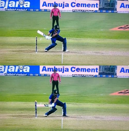 Screengabs of Harshal Patel’s dismissal during the third T20I. Pic: Twitter