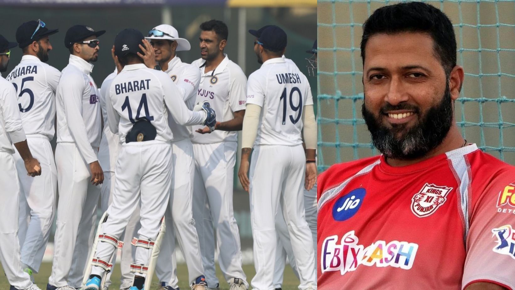 India team in Kanpur on Sunday (L) and Wasim Jaffer.