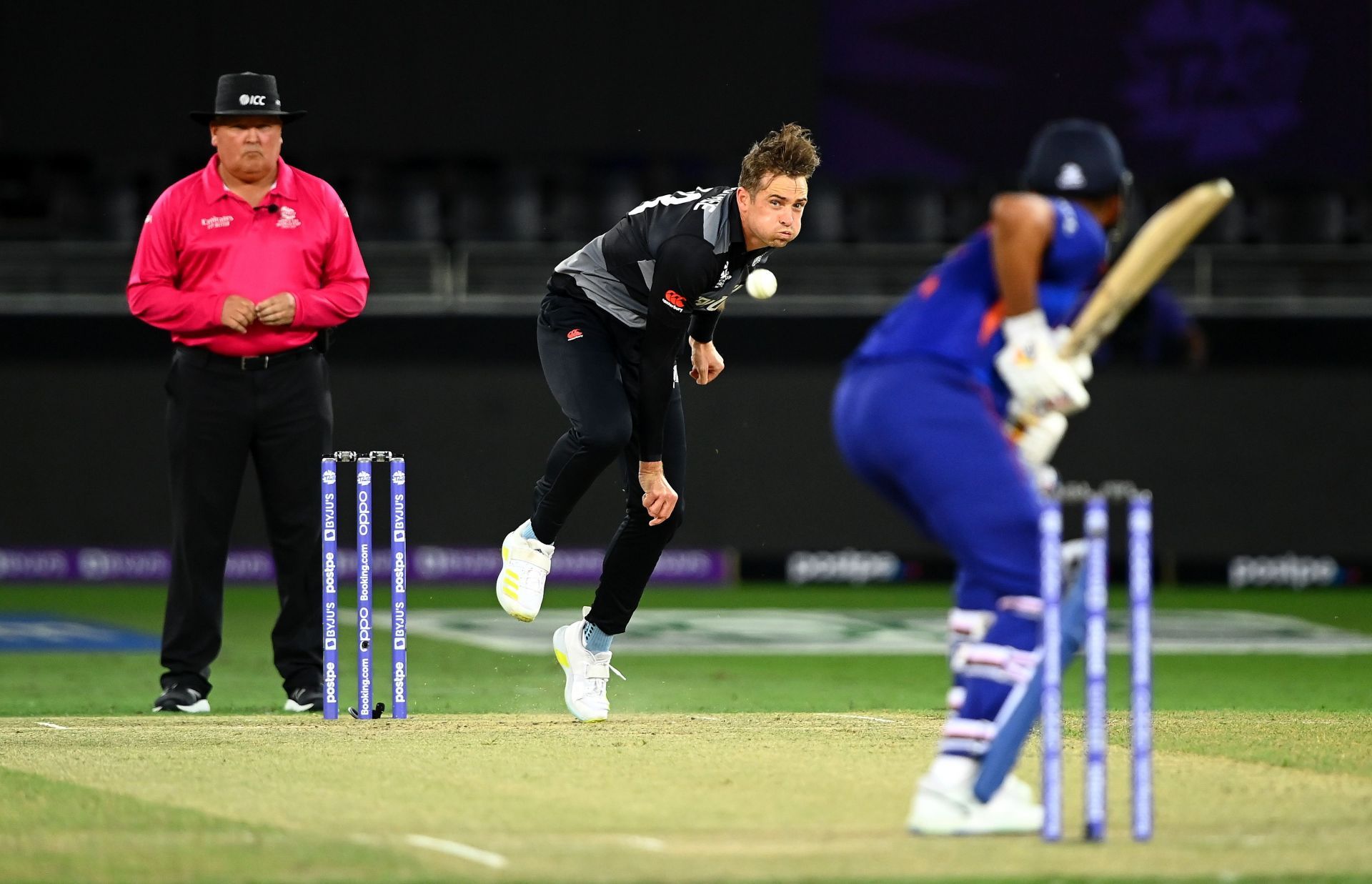 Tim Southee bowls to KL Rahul. Pic: Getty Images