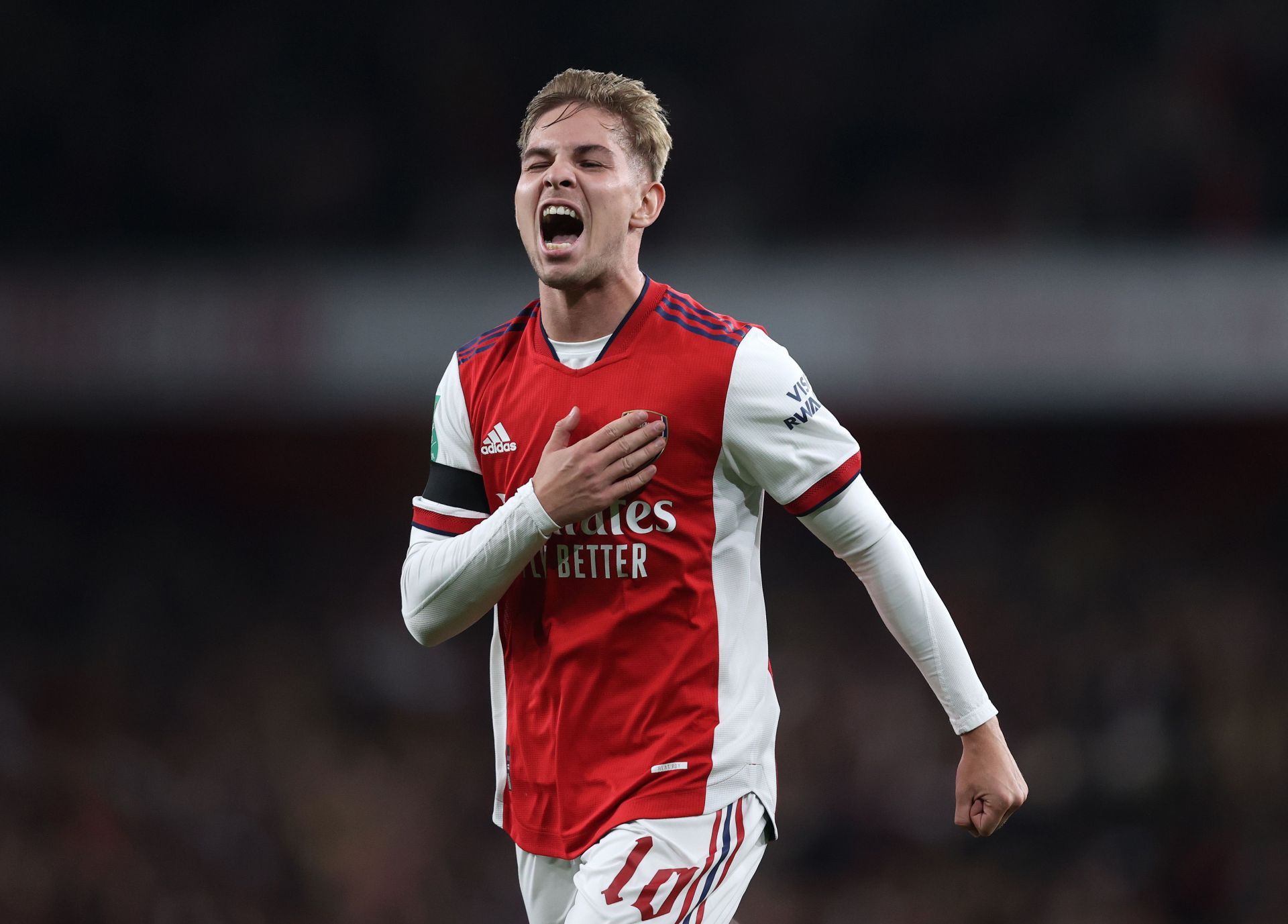 Smith Rowe celebrating after scoring during Arsenal v AFC Wimbledon - Carabao Cup Third Round