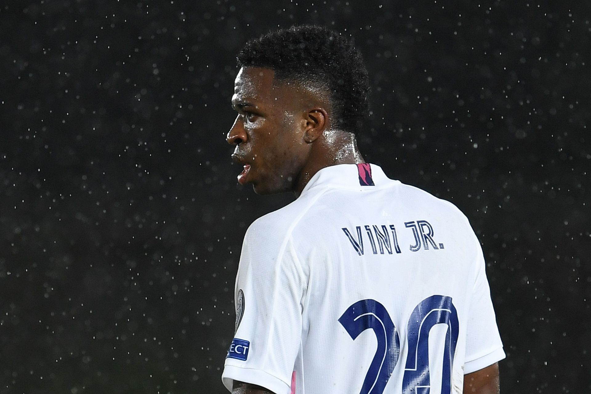 Vinicius Jr. looks on during Real Madrid vs Chelsea - UEFA Champions League Semi-Final: Leg One game.