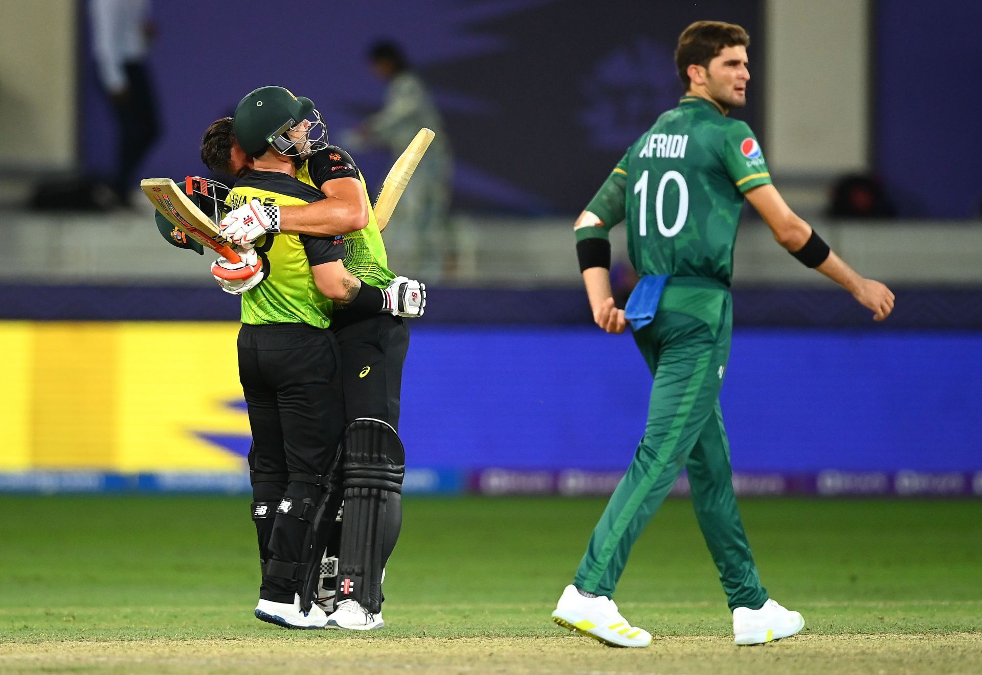 Matthew Wade celebrates with Marcus Stoinis as Shaheen Afridi looks dejected. Pic: Getty Images