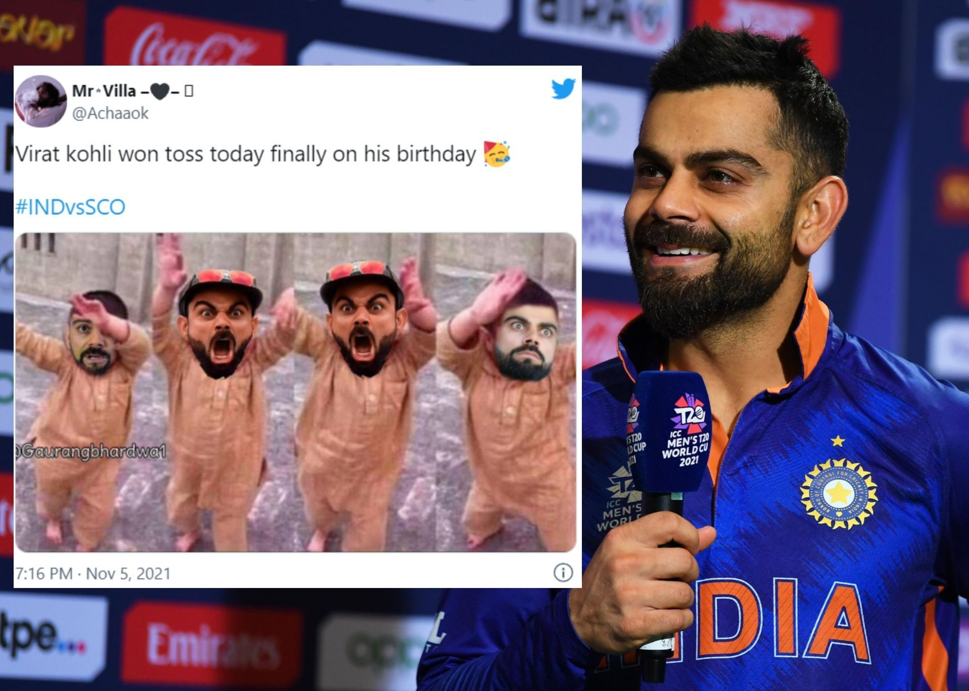 Fans delighted as Virat Kohli finally wins the toss on his birthday against Scotland.