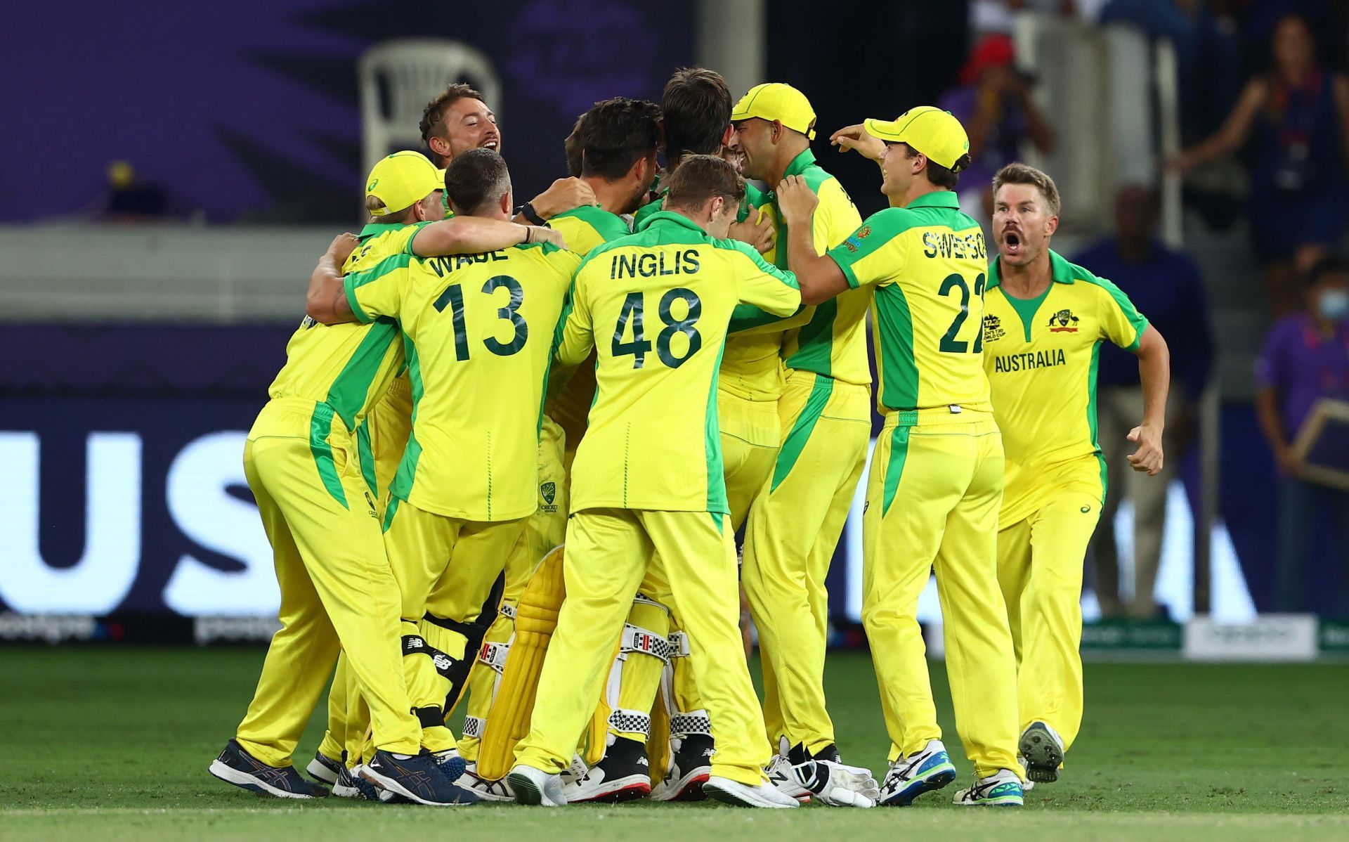 Australian players celebrate after winning the T20 World Cup 2021 final. Pic: Getty Images