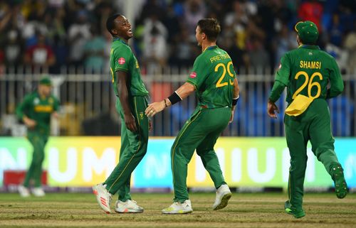 Kagiso Rabada celebrates his hat-trick. Pic: Getty Images