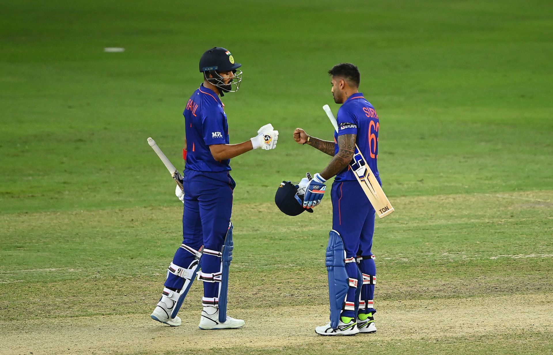 KL Rahul (L) and Suryakumar Yadav in action during the ICC T20 World Cup 2021