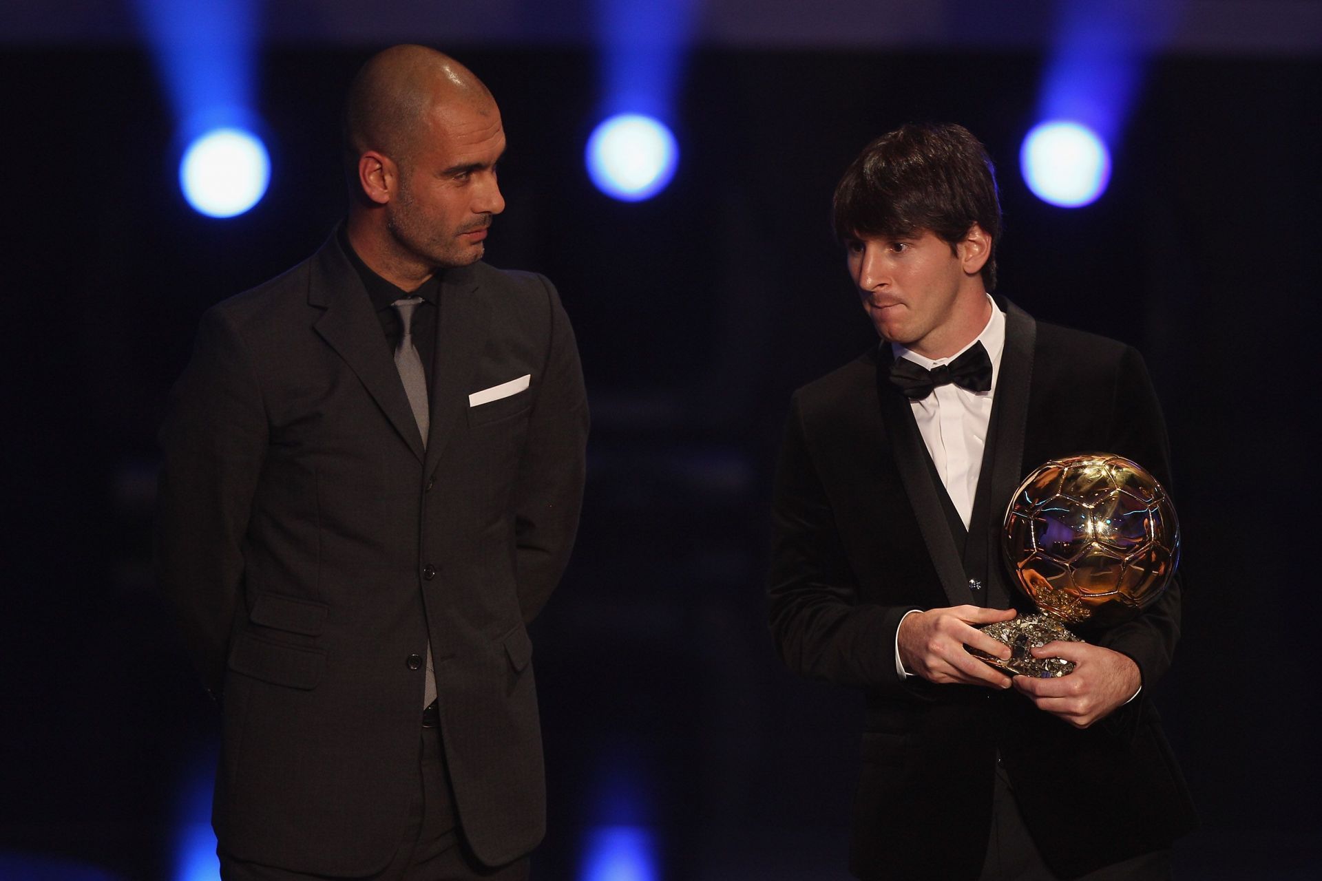 Pep Guardiola presented the award to Messi at the Ballon d'Or Gala in 2010.