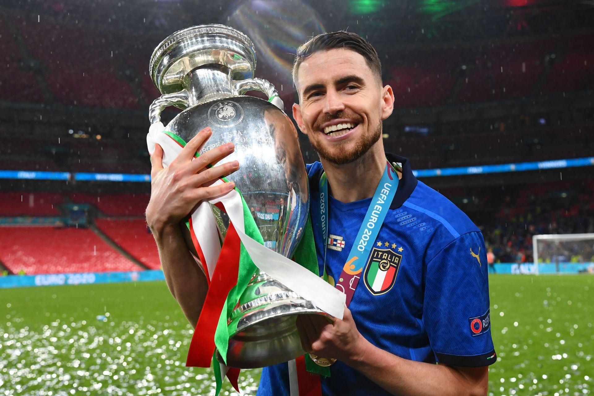 Jorginho poses after winning the Euro 2020 with Italy.