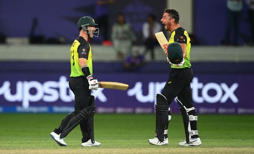 Matthew Wade (left) and Marcus Stoinis celebrate after Australia’s win over Pakistan in the semi-final. Pic: Getty Images