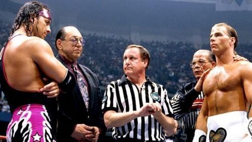 Earl Hebner officiating the match between Bret Hart and Shawn Michaels from 1997