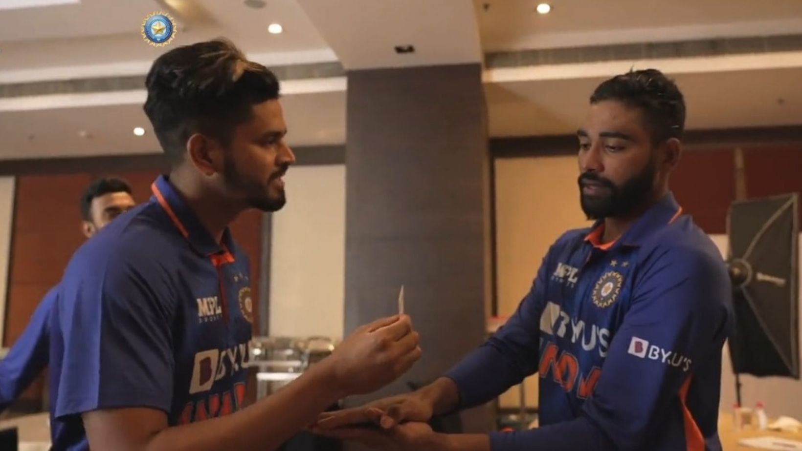 Shreyas Iyer (L) tricks Mohammed Siraj (R). (PC: BCCI)