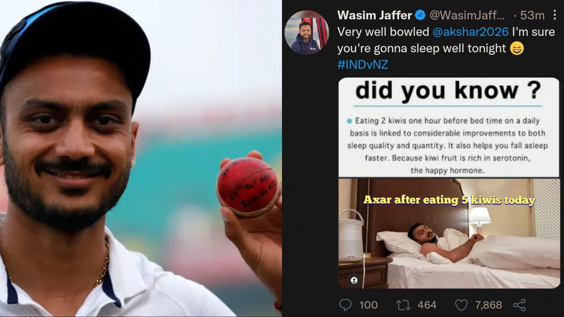 Wasim Jaffer posted a hilarious meme to praise Axar Patel for his performance on Day 3 of the India vs New Zealand Test (Image Source: BCCI/Twitter)
