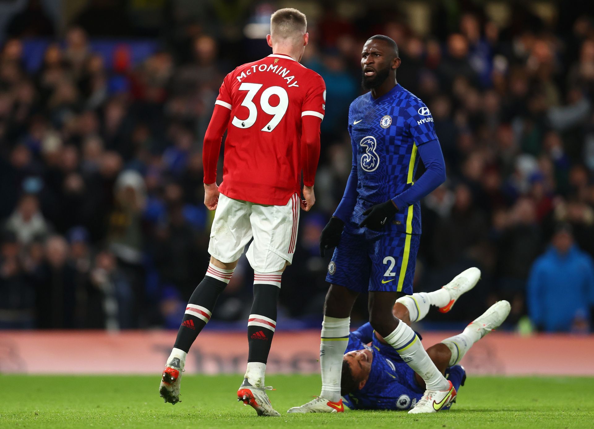 Manchester United&#039;s Scott McTominay (left) squares up against Chelsea&#039;s Antonio Rudiger.