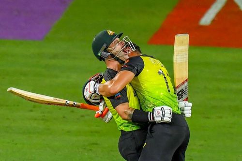 Matthew Wade roars and celebrates the victory with Marcus Stoinis (Credit: Getty Images)